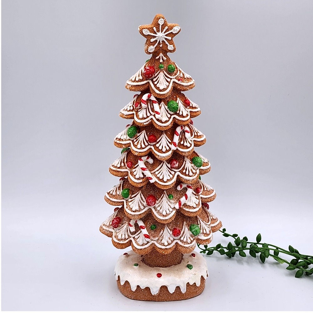 Gingerbread Christmas Tree Tabletop Figurine Resin Candy Cane Icing 11" NEW
